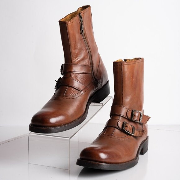 Frye Mens Leather Boots Double Buckle Brown Mid calf Flat US 8.5 87041 - Picture 1 of 8